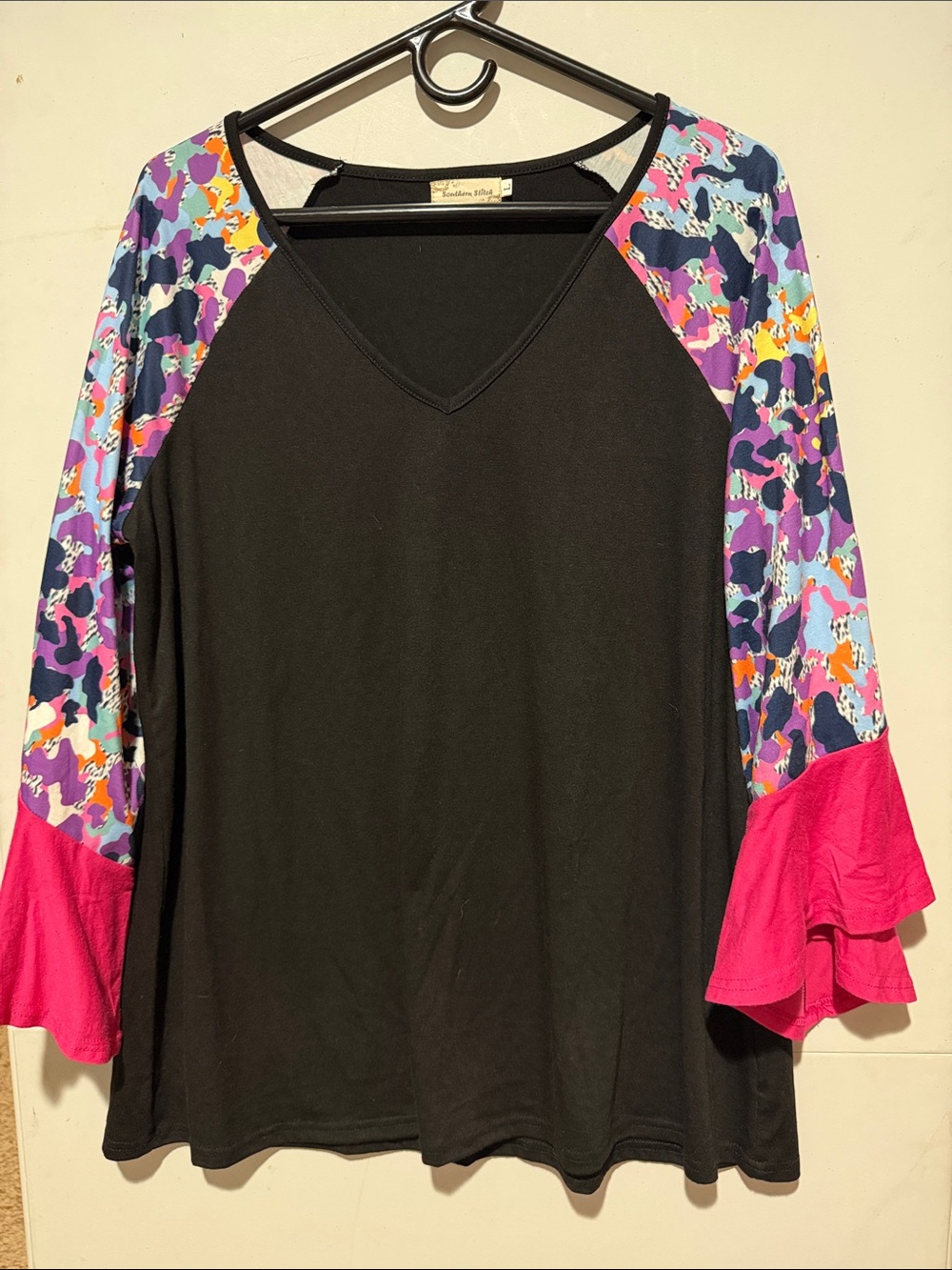 Black V-Neck Long Sleeve Top with Pink & Multi-Color Raglan Sleeves